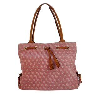 Vintage Dooney Bourke Signature‎ Pink Tulip Tassel Tote Canvas Tan Leather Trim